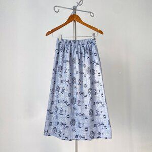 🌿80s Vintage Blue Hand-Made High-Waisted Midi Skirt with Blue Symbol Print